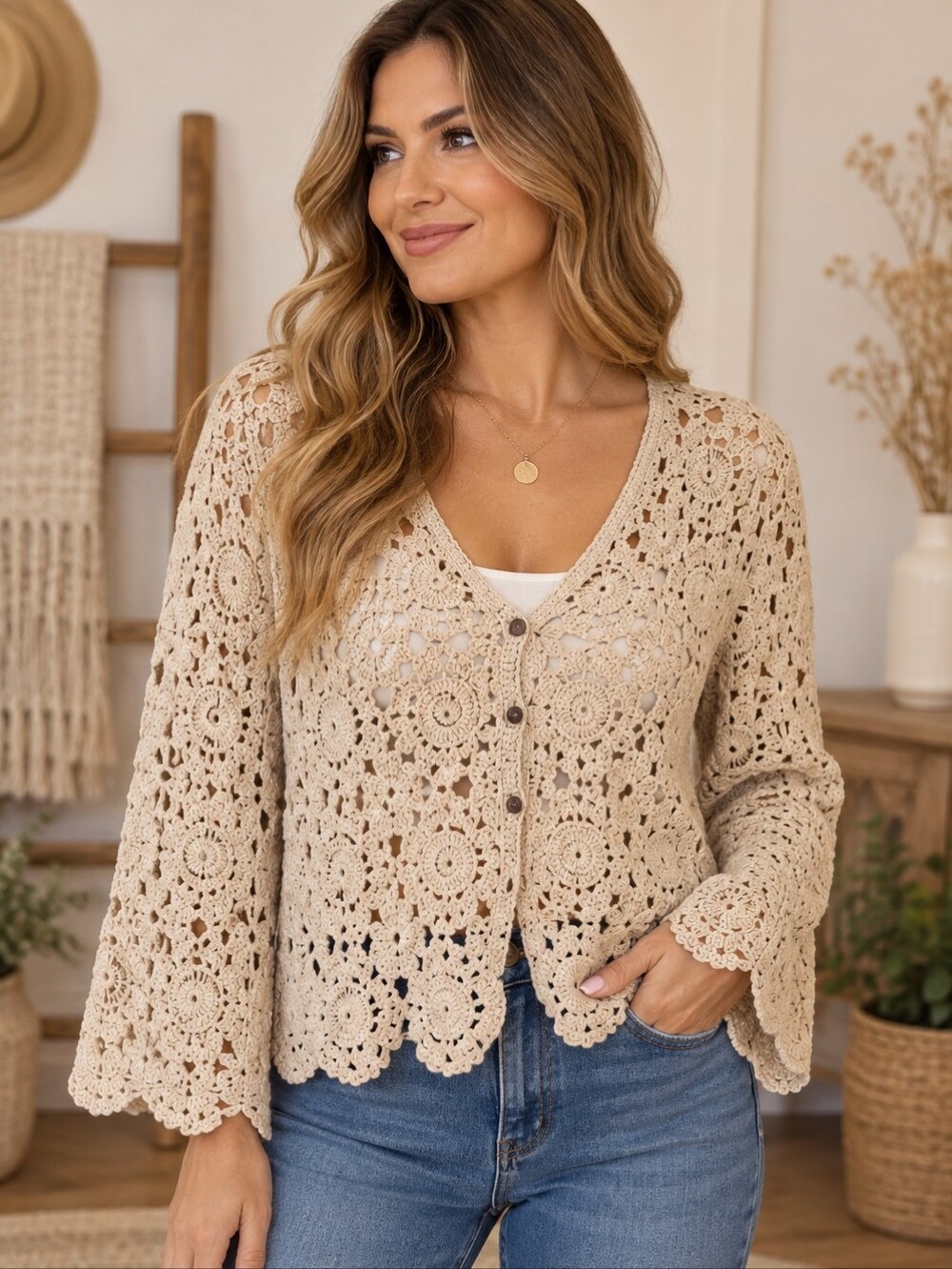 506.Liv Los Angeles Bohemian Crochet Button-Front V-Neck Cardigan - Cream